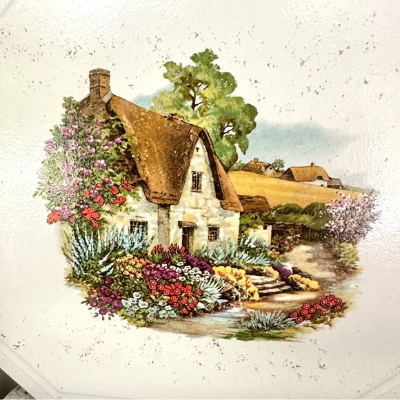 Vintage Thatched English Cottage Scene Flowers on Tile Trivet Art Cottagecore - Picture 2 of 7